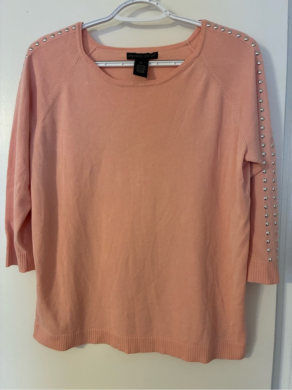 Preswick & Moore Peach Knit Crewneck Sweater with sleeve embellishment